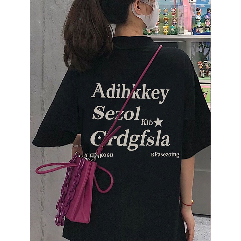 EUNII T-shirt Lengan Pendek Amerika Retro Hitam Cetak Bintang Longgar Korean Style/Kaos Atasan Wanita/Baju Kaus Oversize Wanita