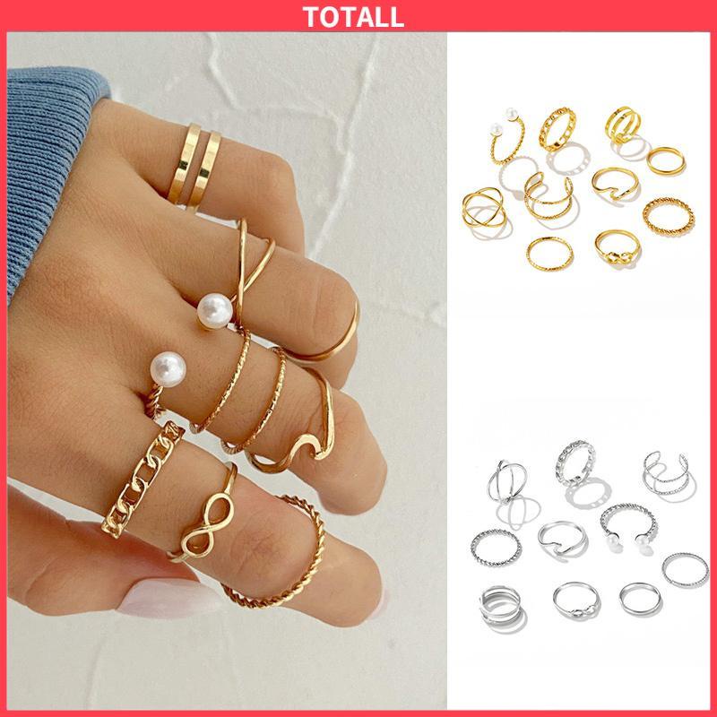 COD 10 Buah Set Wanita Kreatif Sederhana Manik-manik Ganda Cincin Gabungan Geometri Gelombang Mutiara-Totall