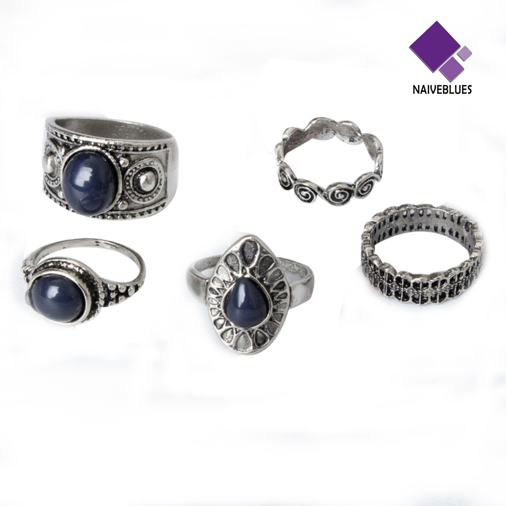 Naiveblue 5Pcs / Set Cincin Gaya Vintage Bohemia Aksen Batu Biru Untuk Perhiasan Wanita