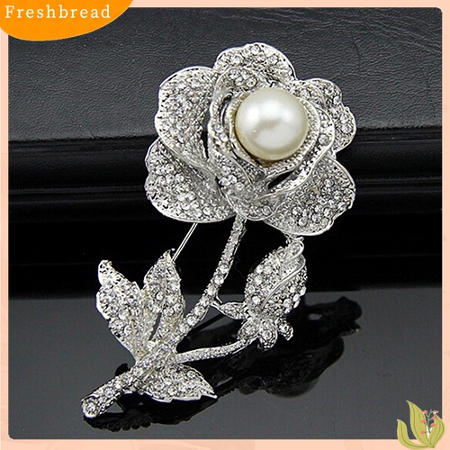 [ TERLARIS]Women's Rose Flower Faux Pearl Rhinestone Brooch Pin Bridal Wedding Jewelry Gift