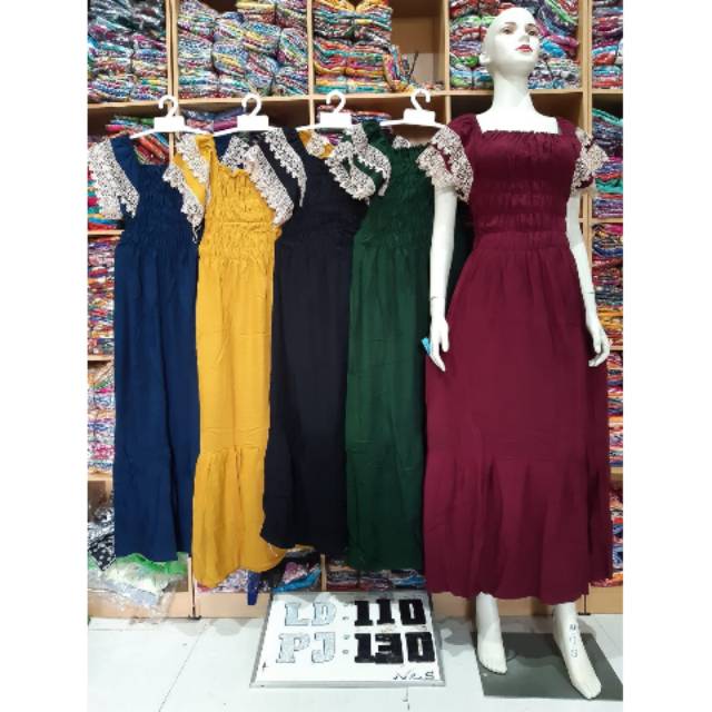 Cherry123 - Daster arab smok renda rayon premium polos lengan pendek bawah panjang karet ld 110 cm