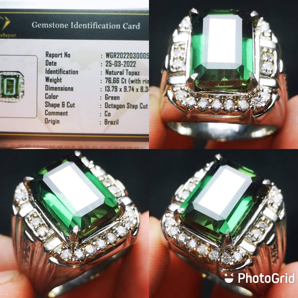 Cincin Pria Batu Permata Asli Natural Green Topaz Octagon Top Luster + Memo WGR Lab