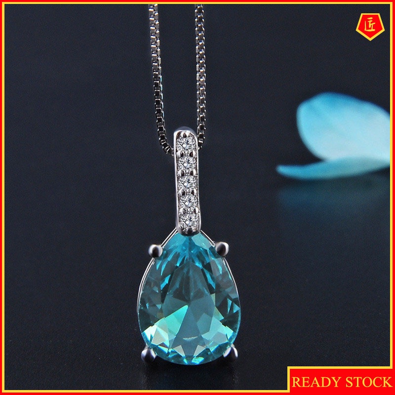 [Ready Stock]Fashion Inlaid Water Drop Pear-Shaped Blue Crystal Pendant Necklace