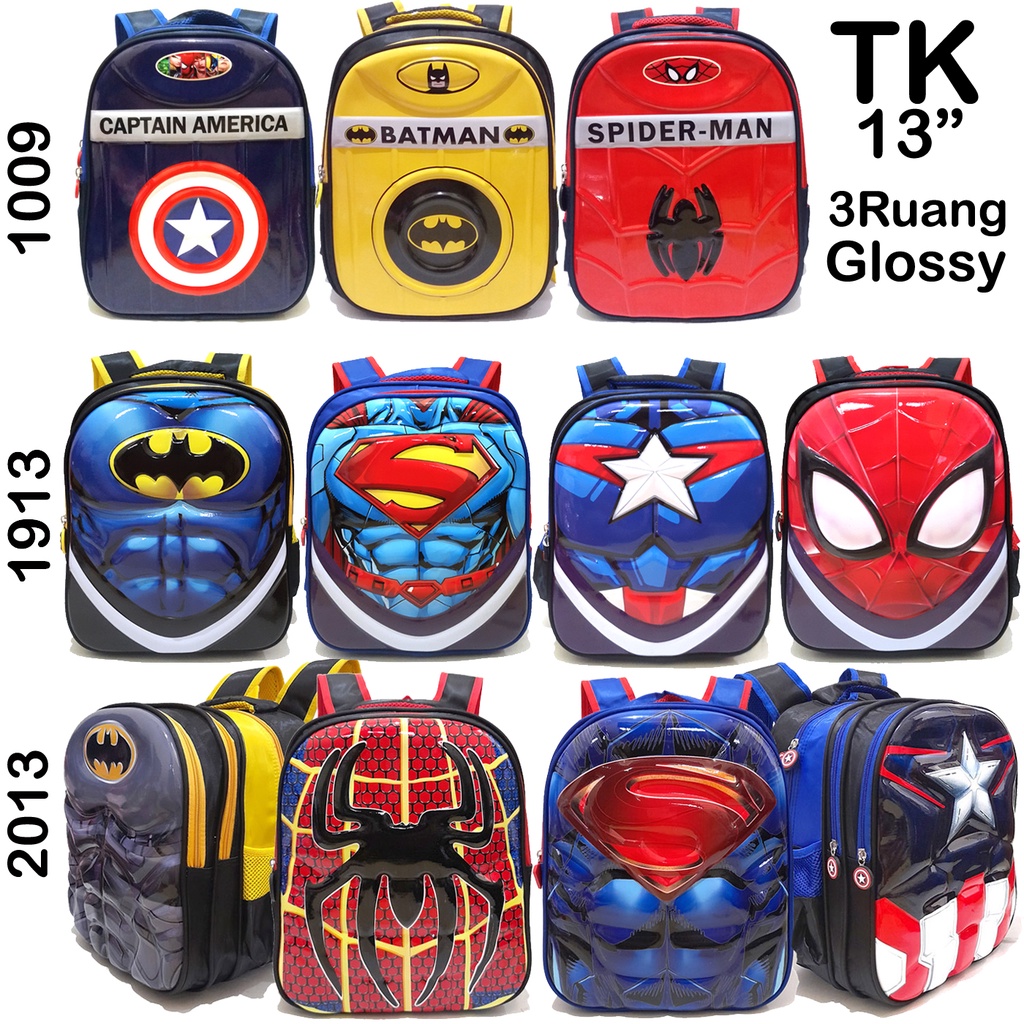 Tas Glossy Kilap TK SD Ransel Timbul 13&quot; Tas Anak Laki Laki Sekolah Superhero Spiderman Batman Captain 1913