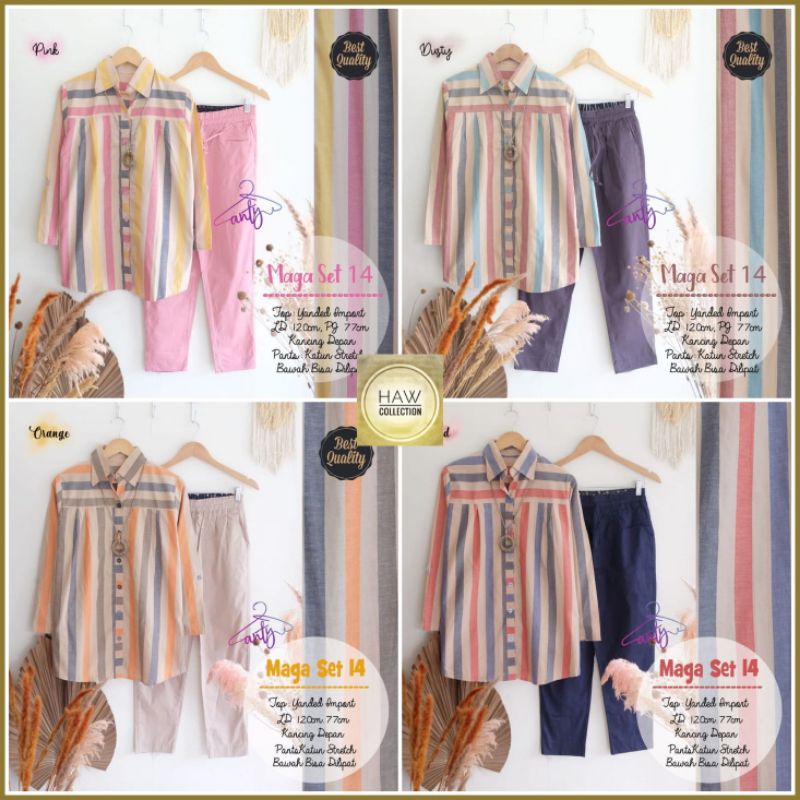 Setelan Kemeja Wanita Maga Set Original By Anty's Stelan Celana Terbaru Motif Salur Garis-garis LD 1