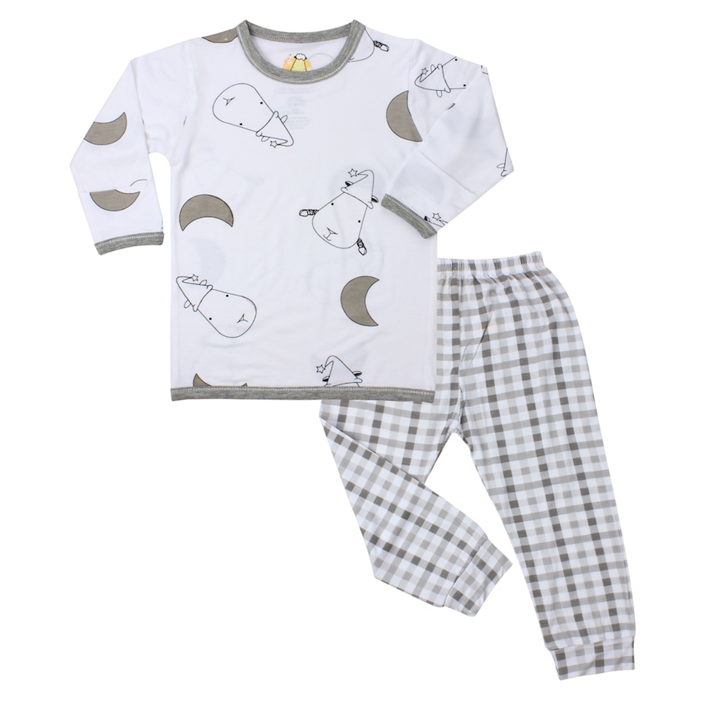 Baa Baa Sheepz Long Sleeve Shirt &amp; Pant - Big Moon &amp; Sheep White/Checkers Grey | Setelan Baju Anak | Setelan Atasan Bawahan