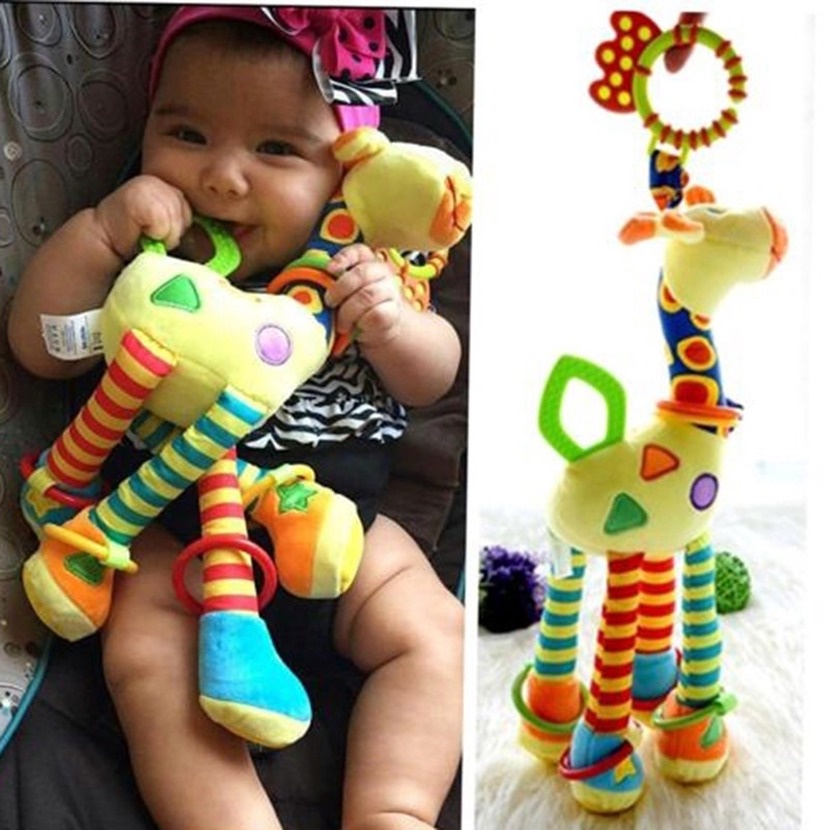 Mainan rattle Gantung Bentuk Boneka plush Jerapah Warna-Warni Untuk Bayi / Anak