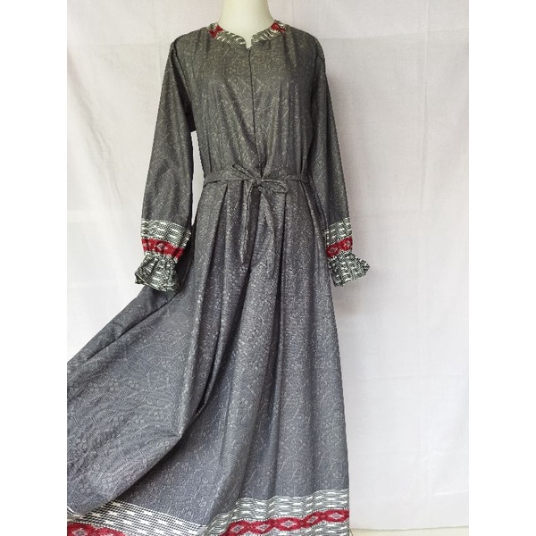 Gamis Katun Motif Batik Kualitas Premium Warna Abu-abu Fashion Modern Pakaian Muslim Wanita Modern A