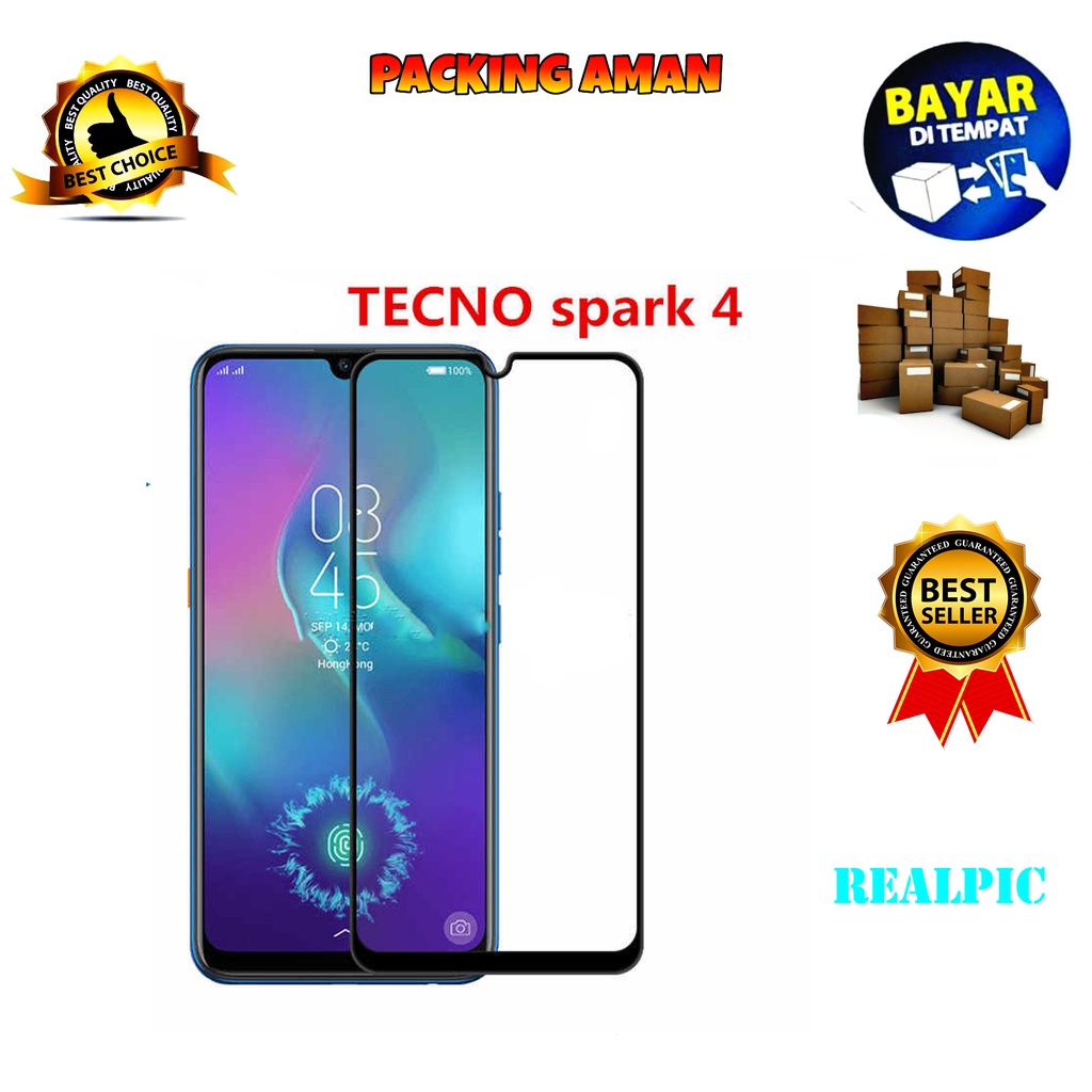 Tempered Glass Tecno Spark 4 Full Cover / Full Screen Protector Anti Gores