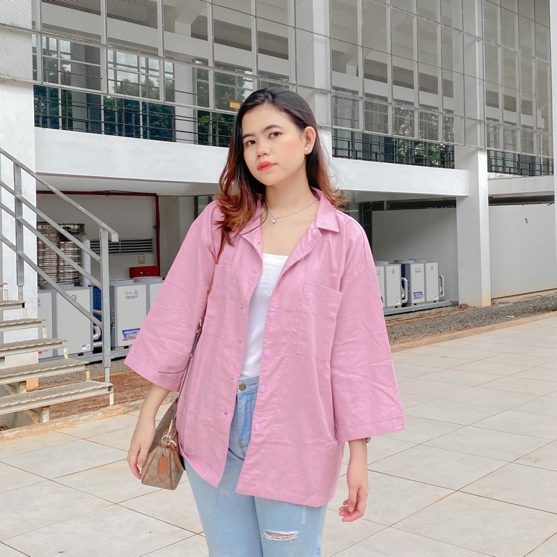 KEMEJA OVERSIZE WANITA BAHAN KATUN RAMI POLOS PREMIUM PANJANG LENGAN