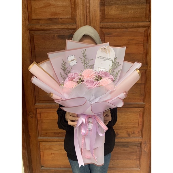 Buket Bunga Palsu Rose mix Pompom - Buket wisuda/ Ultah/ Anniversary Murah