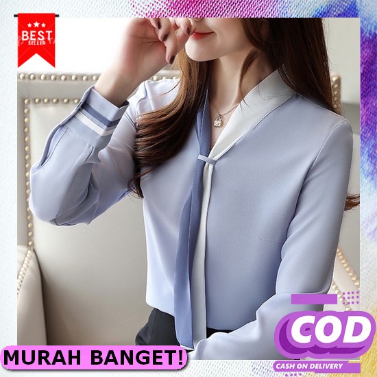 Kemeja Wanita Kerah Persegi Retro Gaya Korea Bawah Tali Ikat Merah Put [Casey]Blouse Kemeja Kerja Wa