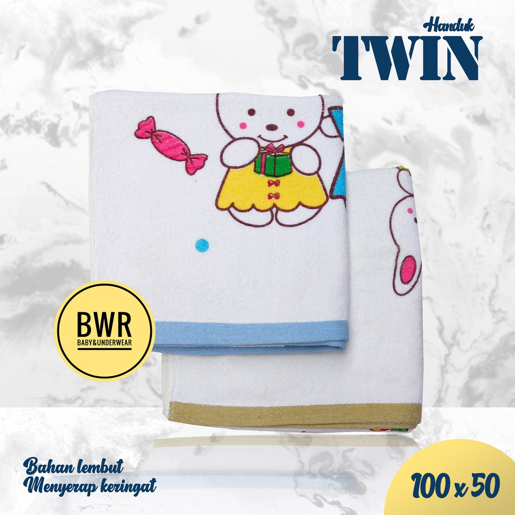 Handuk TWIN Krem Print 50x100 | Handuk Mandi Anak &amp; Bayi Motif Lucu - Bwr