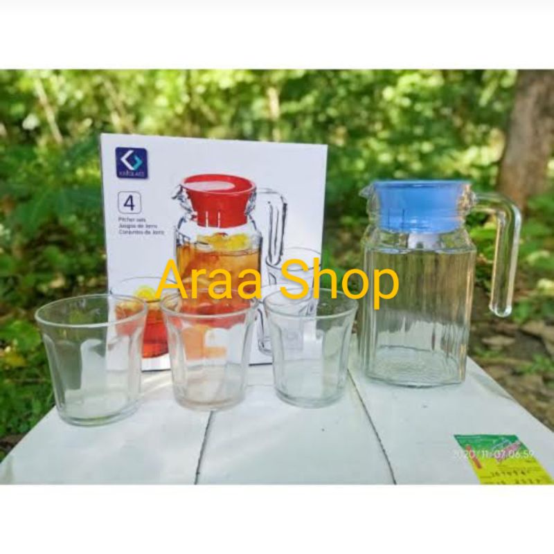 KIMGLASS NANNOS Tea Pot Set Teko Teh + Gelas (4pcs)/Jug Pitcher Thambler 4 Kan Set