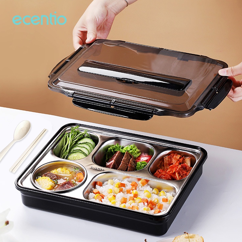 ecentio kotak makan stainless steel 5 grid dengan sendok sumpit gratis berbahan anti tumpah lunch box kotak bento