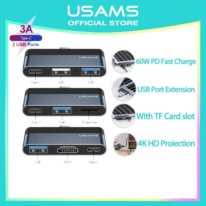 USAMS Official Original Type-C to Type-C Mini Hub PD3.0 HDMI Type-C/ USB / Micro Expand 60W Ori For Notebook