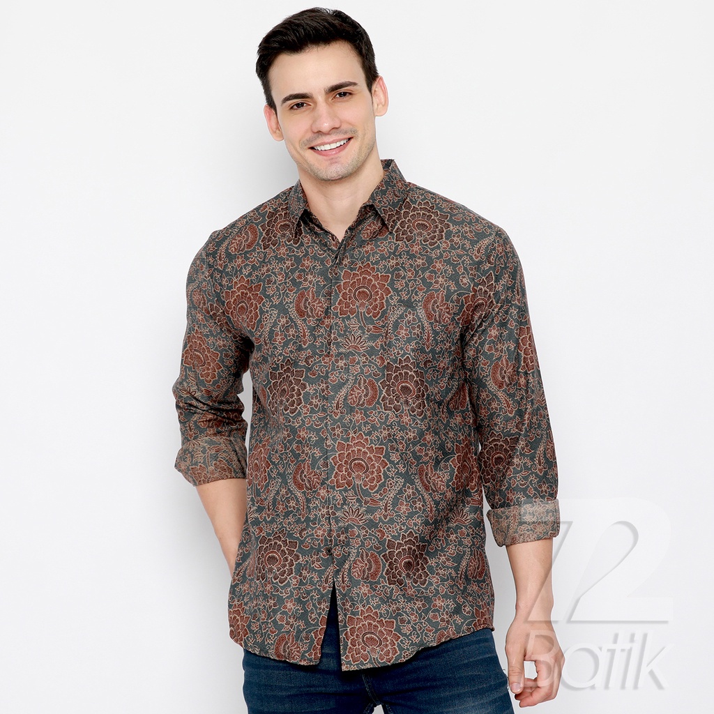 KEMEJA BATIK PRIA Dobby Lengan Panjang Slimfit Premium Warna Abu Grey Coklat 727284 Cap 72 - Baju Kemeja Atasan Pakaian Setelan Batik Pria Cowok Laki Laki Remaja Keluarga Kantor Lengan Panjang Modern Slimfit Slim Fit Premium Kekinian