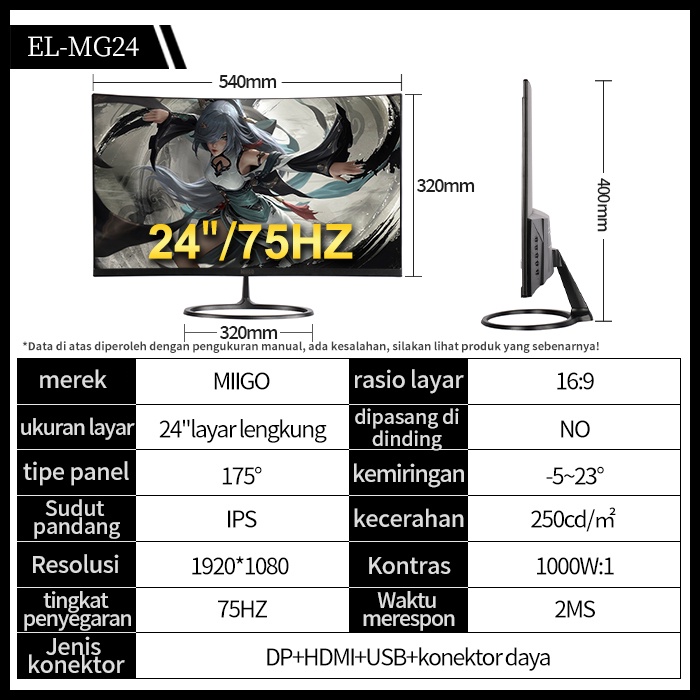 MIIGO Monitor komputer dengan resolusi tinggi lengkung ultra-tipis 24 inch-75HZ-Curved screen