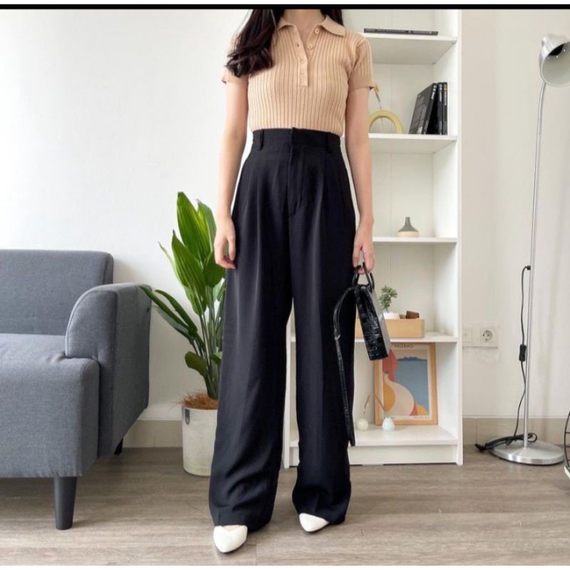 Celana Panjang Kulot Highwaist Wanita Linen Katun Import