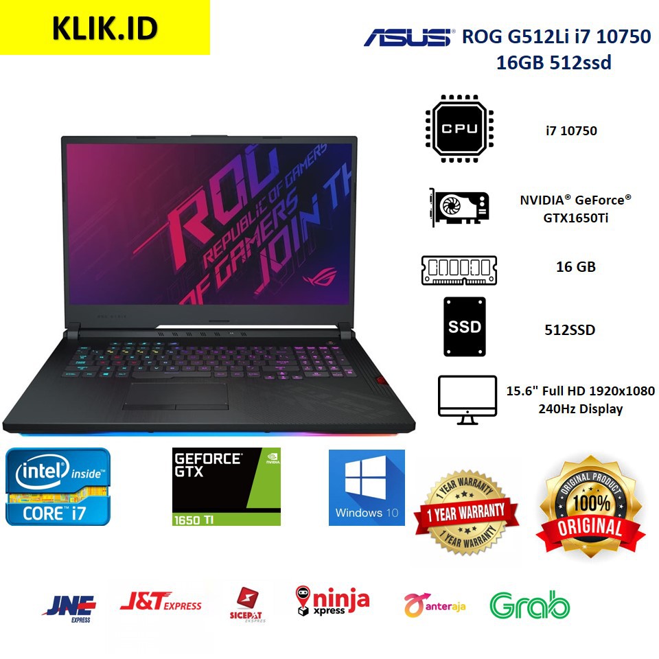 Asus ROG G512Li i7 10750 16GB 512ssd GTX1650Ti 4GB W10 15.6FHD