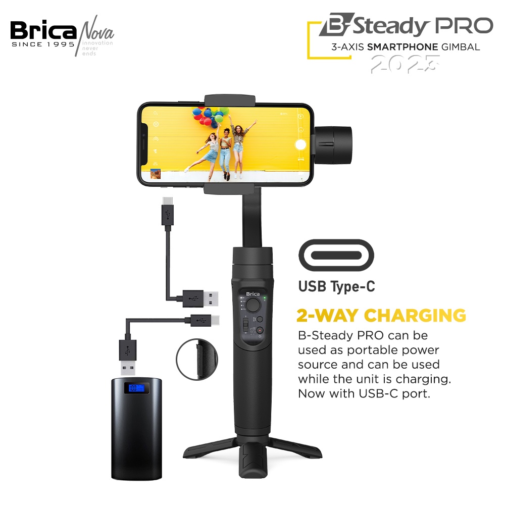 Brica B-Steady PRO 2023 - 3 Axis Smartphone  & Action Cam Gimbal - Black - Free T-Shirt + Tripod Mini + Action Cam Holder + Hardcase