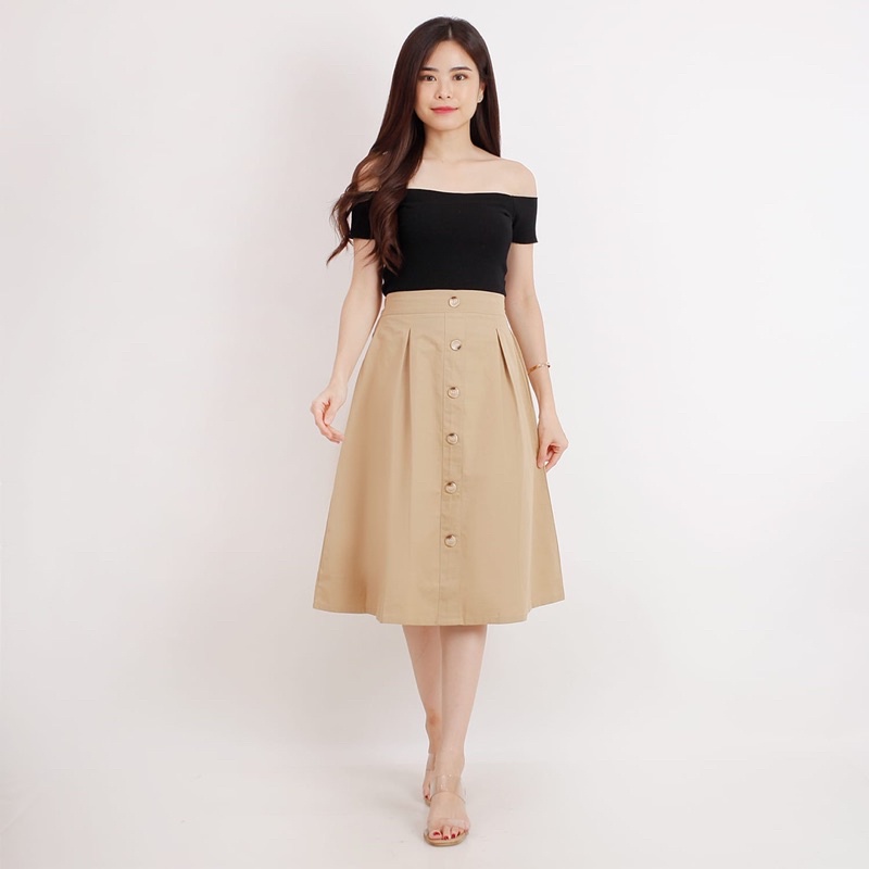 NEKOBEE Kira Skirt Rok Midi Kancing Depan Berkancing Katun Hijab Friendly ala Korea Panjang Sedang P
