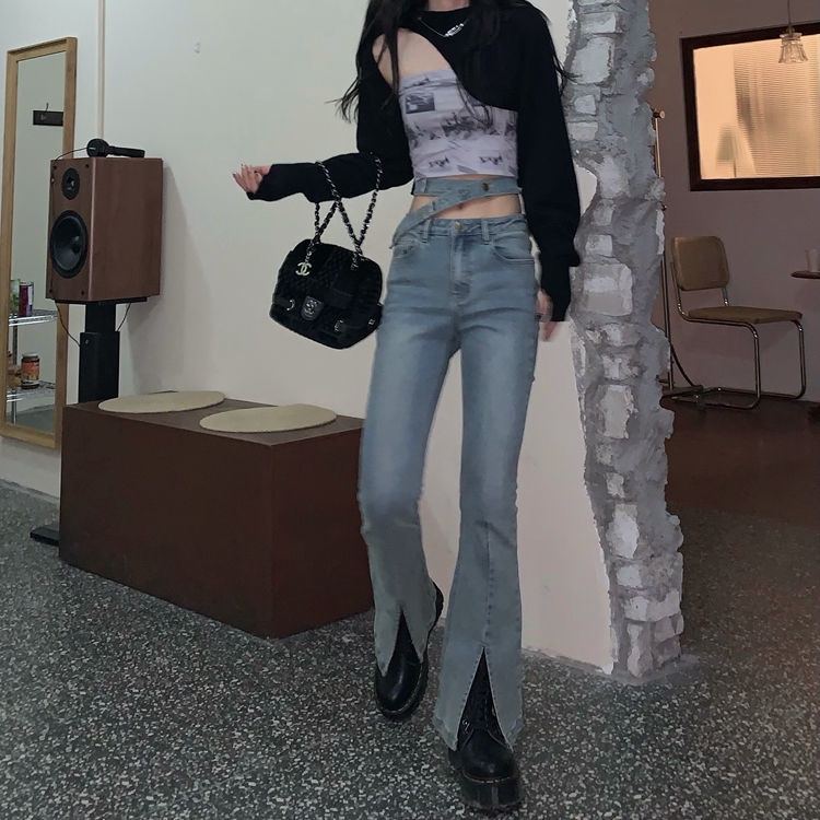 celana jeans high waist wanita slit micro flared high waist jeans women s leg length mopping pants