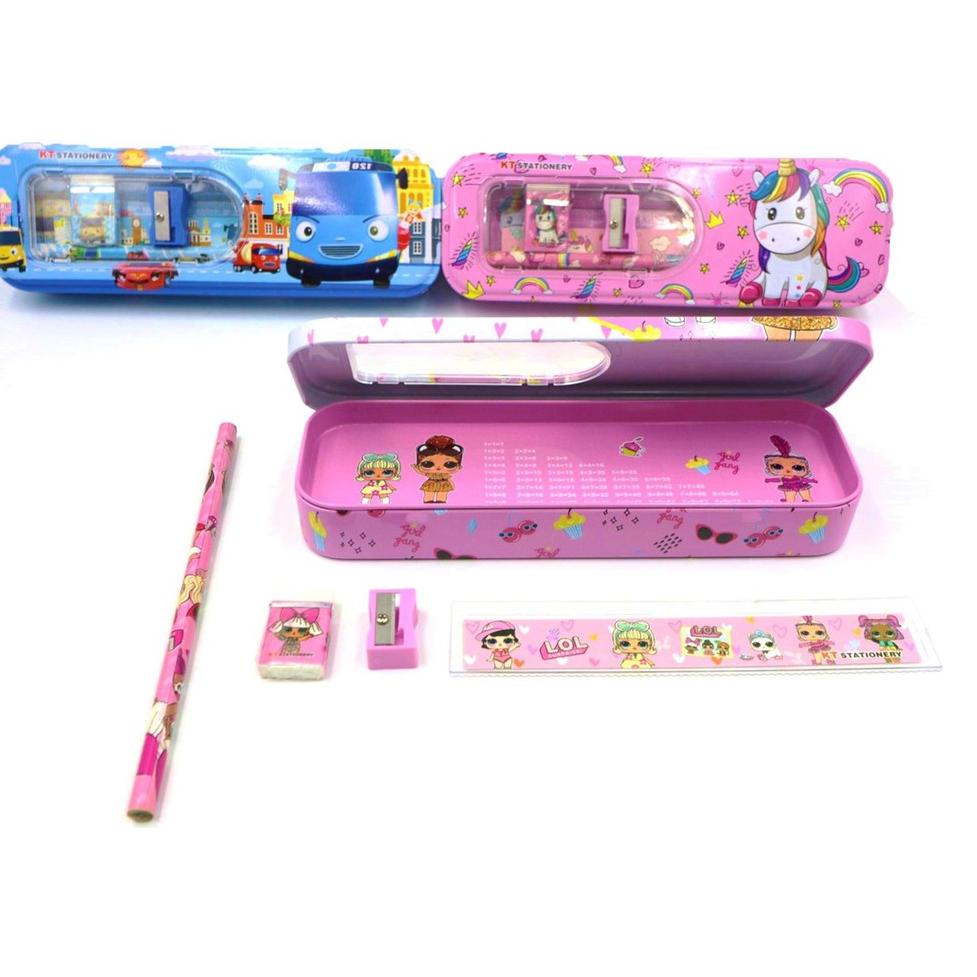 

Stock Banyak→ Kotak Pensil (Pencil Case) Besi Lucu Karakter LOL, TAYO, UNICORN 1 Set Lengkap Dengan