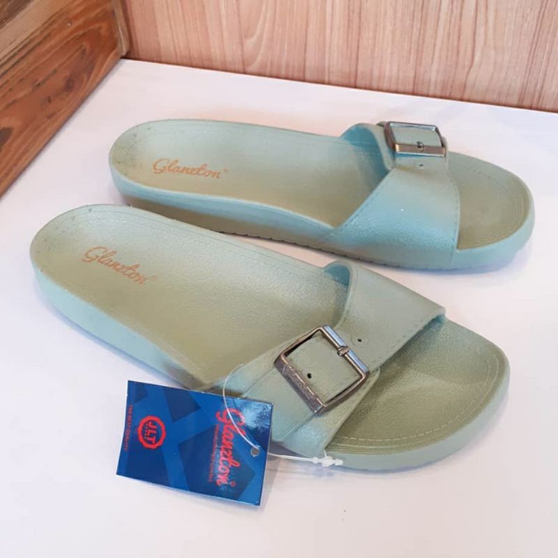 Sandal Wanita Glanzton F2153 Sendal Gesper Slop Selop Karet Jelly Glanston Glaston Import Impor Slip On Birken Perempuan Lentur Elastis Empuk Cewek Murah-GLZ Hijau