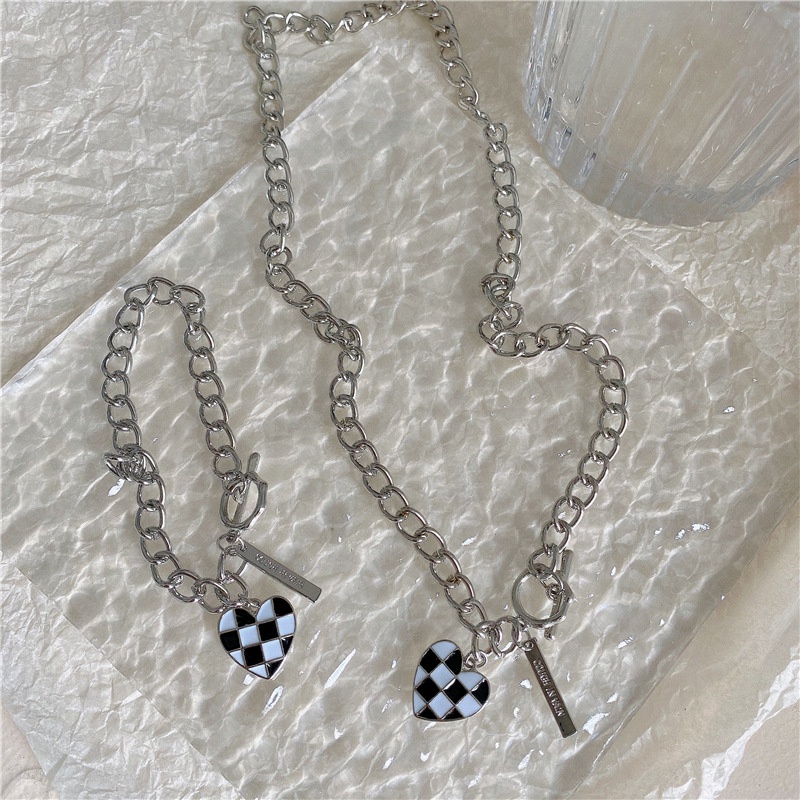 Korean Checkerboard Necklace Bracelet Set Heart Shape Pendant Silver Chain Women Fashion Accessories