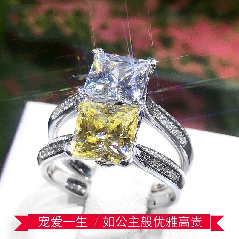 Cincin Lapis Emas Hias Berlian Imitasi Persegi Warna Kuning Ala Princess Untuk Wanita Pt950