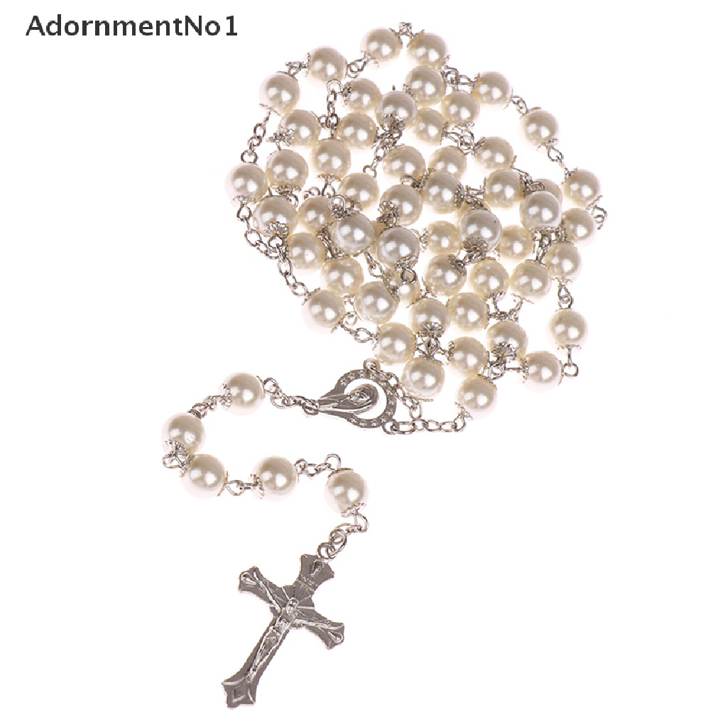 (AdornmentNo1) Kalung Rosario Katolik Rantai Panjang Dengan Liontin Salib Yesus + Mutiara