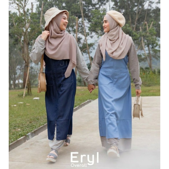 ERYL OVERALL JILBRAVE | Gamis Overall Bahan Jeans Mix Inner Bahan Linen