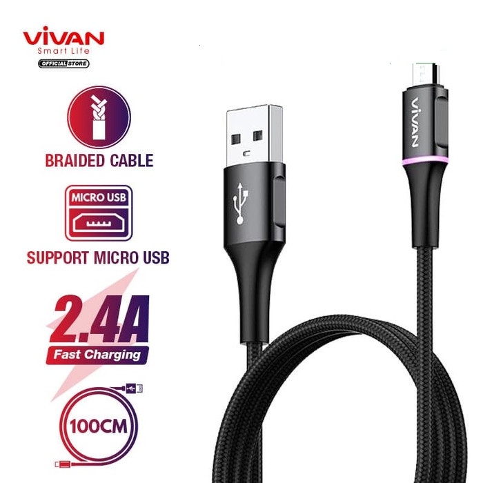 VIVAN Kabel Data Android 2.4A LED Light Quick Charge 100CM VDM100