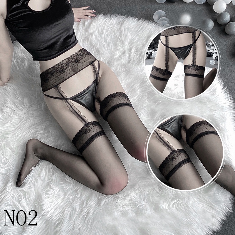 Stoking Wanita Stoking Garter Transparan Paha High Waist Ketat Tubuh Stocking dan Thong 6S