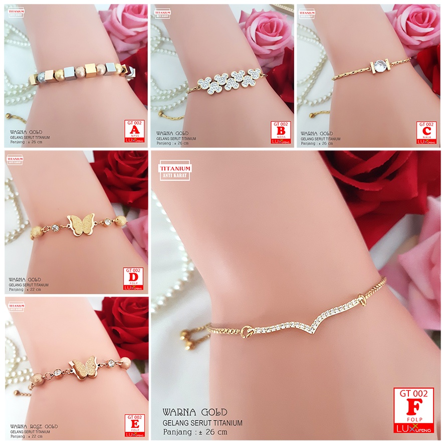 GT 002 Gelang Serut Titanium Kupu Cantik Premium  Gelang Stainless Steel Anti Karat Perhiasan Imitasi Anti Karat Selamanya Gelang Stainless Mas Gold Rose Gold Gelang Kupu  Luxx Xuping