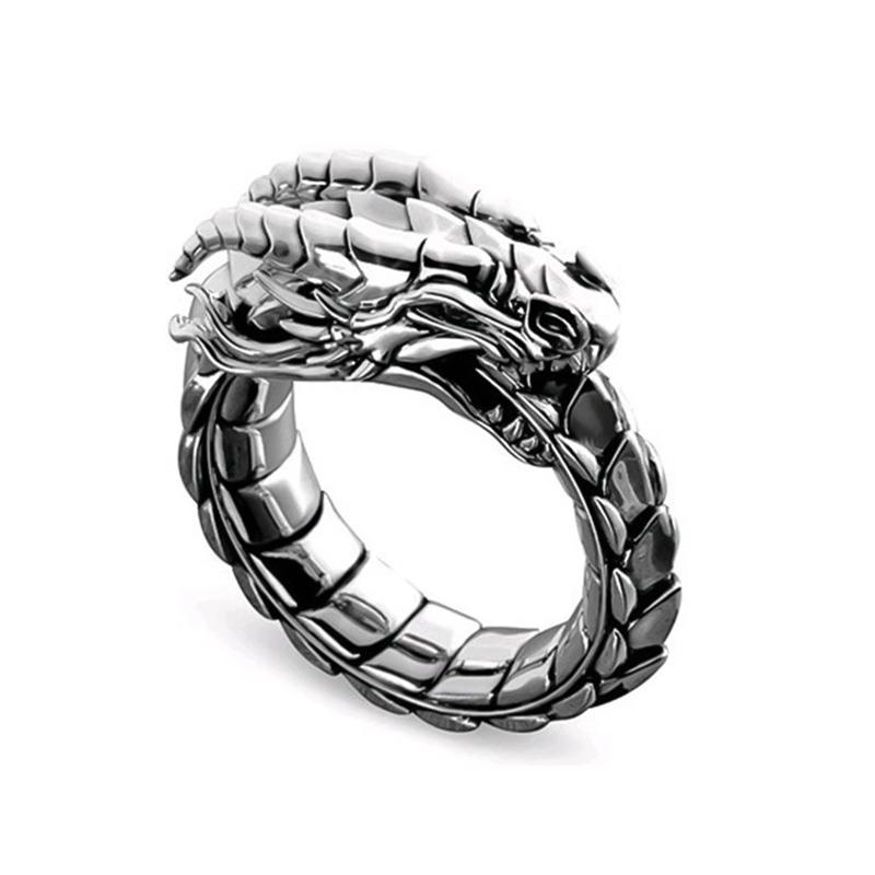 Cincin Bentuk Naga Bahan Zinc Alloy Gaya Punk Untuk Pria