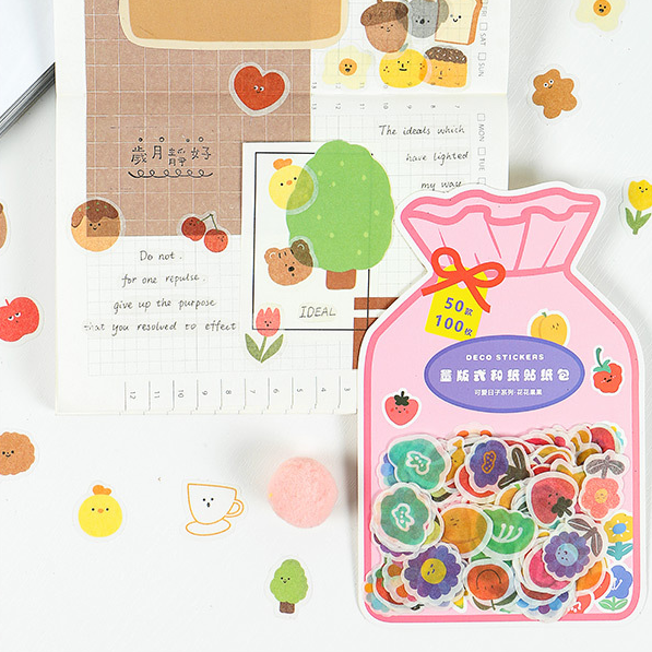 100pcs Stiker Kertas/Selotip Washi Gambar Kartun Buah/Hewan Lucu Untuk Pelajar/Kantor