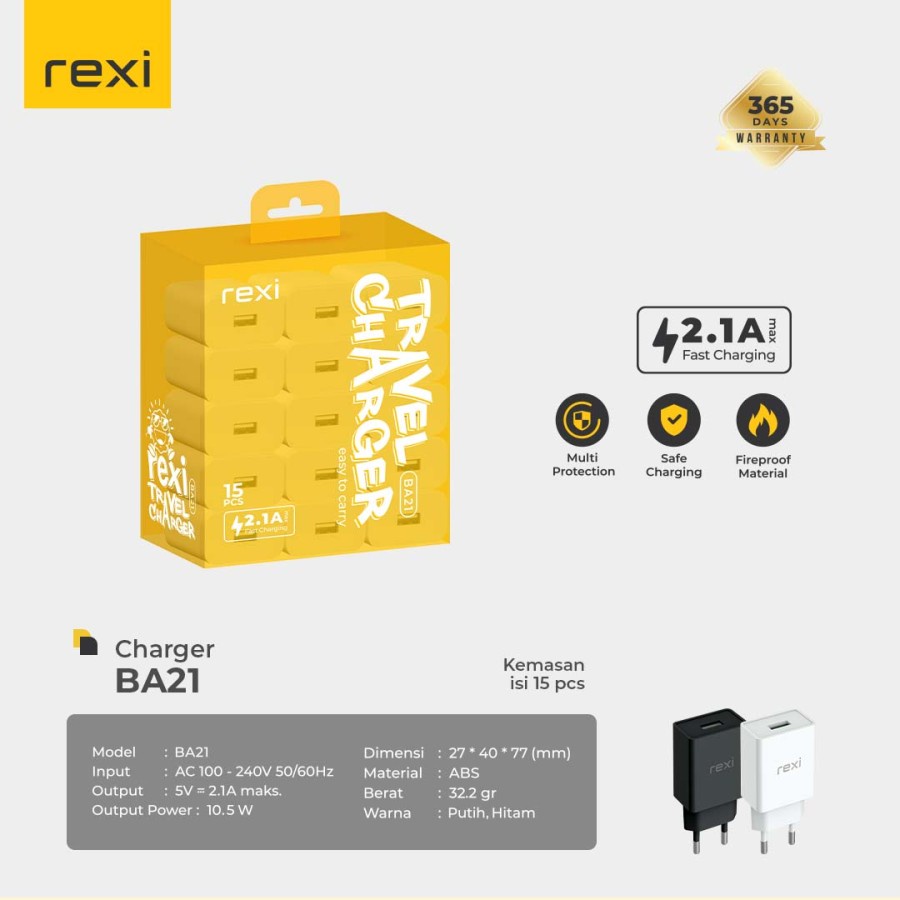 Adaptor Charger REXI BA21 2.1A Single Output 1Box isi 15pcs