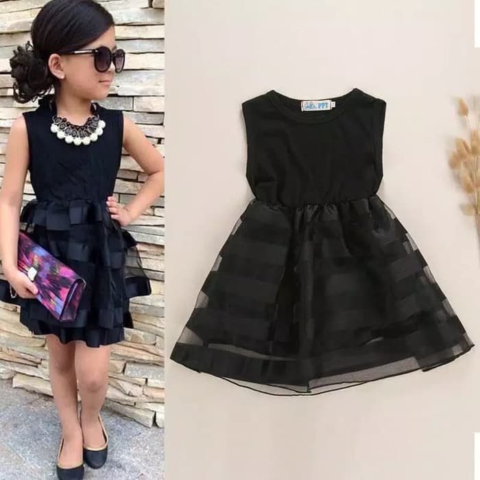 Fashion Import Gaun Princess Pesta Anak Bahan Tile Baju Tutu Dress Hitam