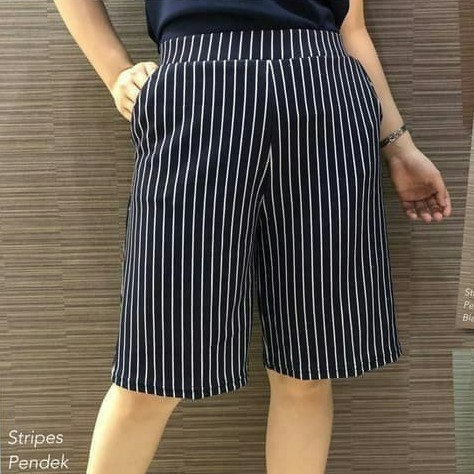 (COD) Celana Kulot Pendek Salur Stripe - Kulot 3/4 7/8 Motif Salur Bahan Crepe Wafel Wanita Murah