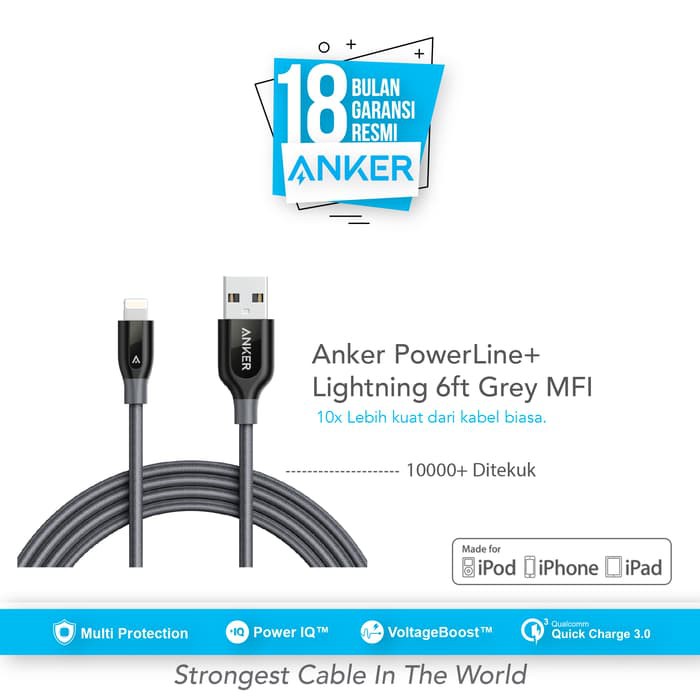 Anker PowerLine+ Lightning Mfi Certified Cable 6ft/1.8m - Gray [A8122HA1]