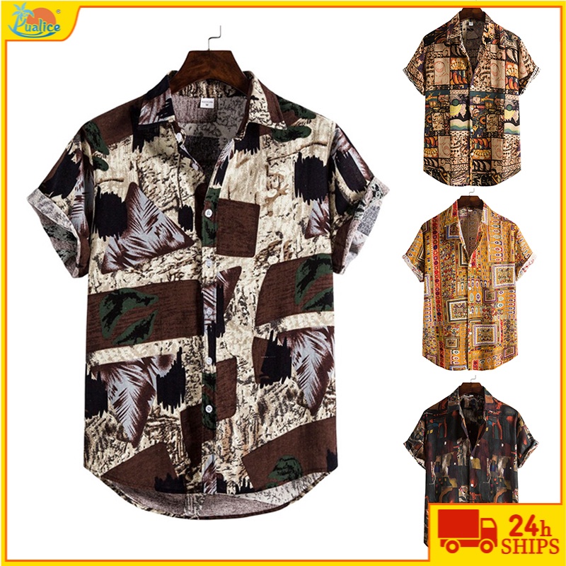 【Titik】batik Kemeja sablon pria kasual lengan pendek atasan kerah kemeja kaos pria kemeja pria lenga