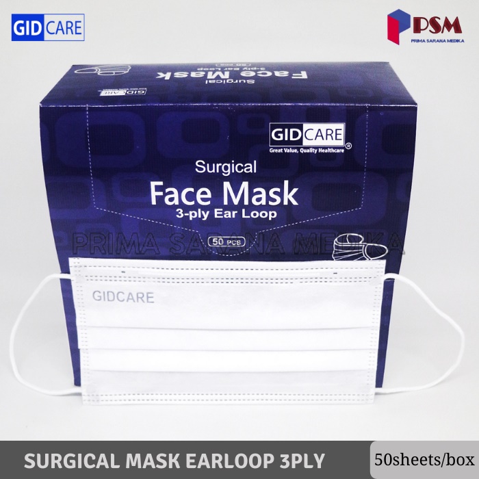 Masker 3ply Earloop Karet Gidcare / Surgical Face Mask Perbox isi 50pcs