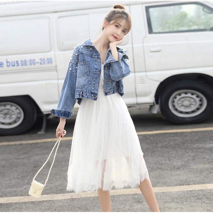 New Cod - Jaket Jeans Crop Kombinasi Mutiara Tembak Oversize Crop/Jaket Jeans Wanita / Jaket Wanita