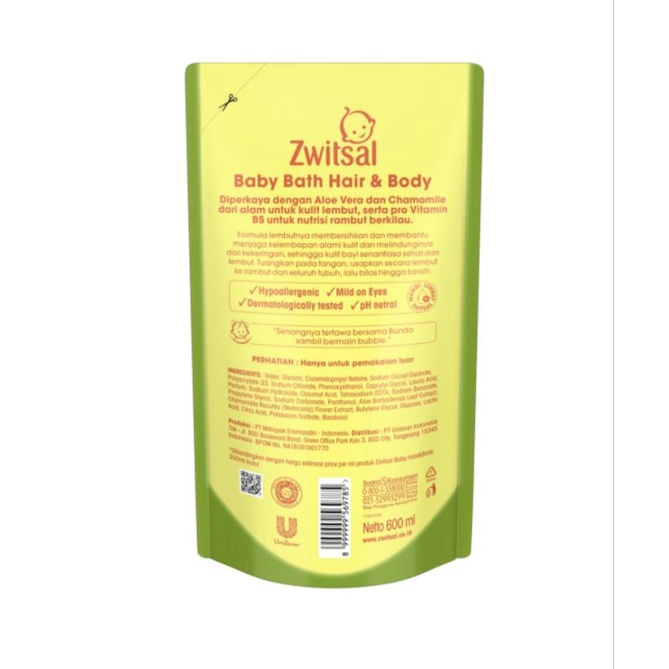 Zwitsal baby bath hair and body Aloe Vera 2 in 1 600ml/sabun shampo bayi 600 ml