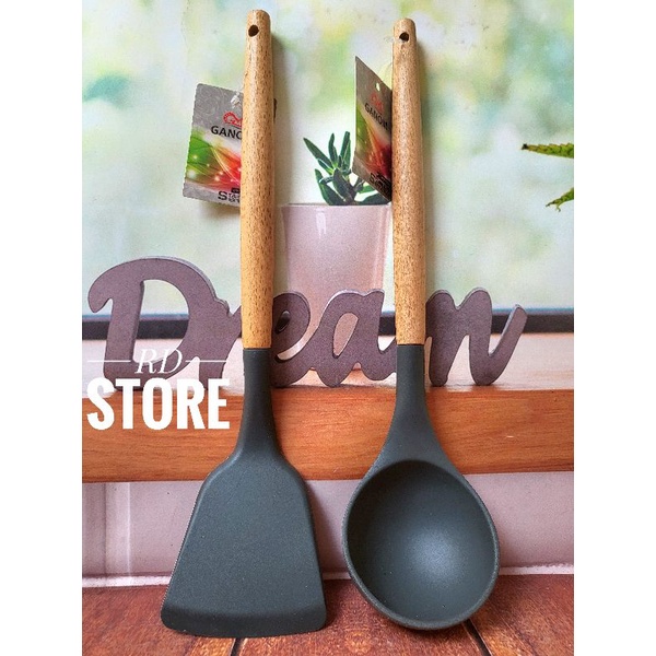 PROMO 2.PCS / SUNTIL  SPATULA / SILICON GAGANG KAYU GANOM...