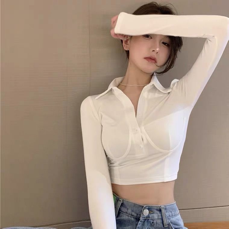 American Top T-shirt Wanita Ringan Dewasa Angin Kerah Setengah Kerah Terbuka Pendek Crop Top B rRey