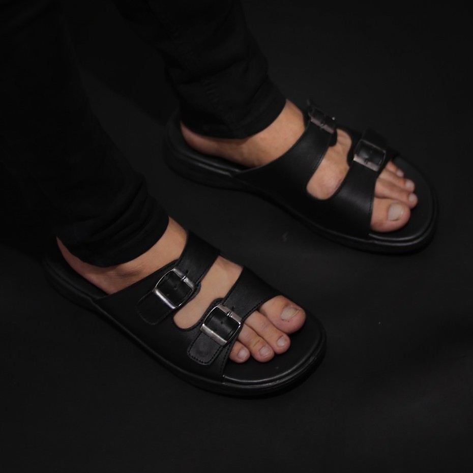 Mozza Black | Sendal Slide Kulit Original Santai Kasual Pria Cowok Sandal Footwear | FORIND x Greata