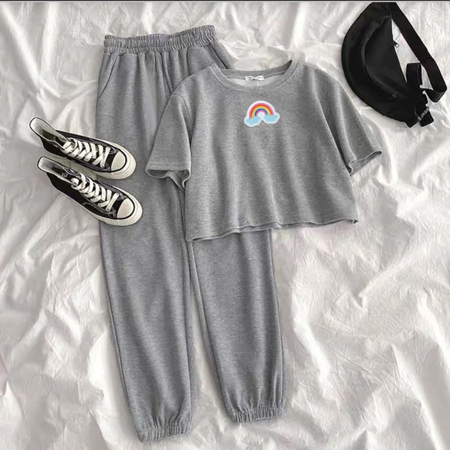 Setelan Remaja trandy Fashions Week Citayem Baju Trendy Anak Remaja Setelan Crop Rainbow Pelangi